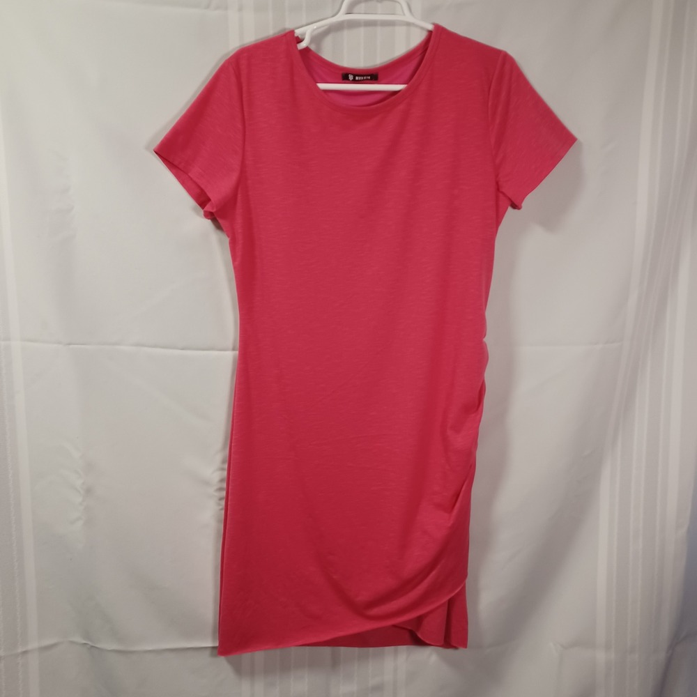 BTFBM T-Shirt Dress Womens L Pink Ruched Side Fitted Short Sleeve Crew Neck Mini